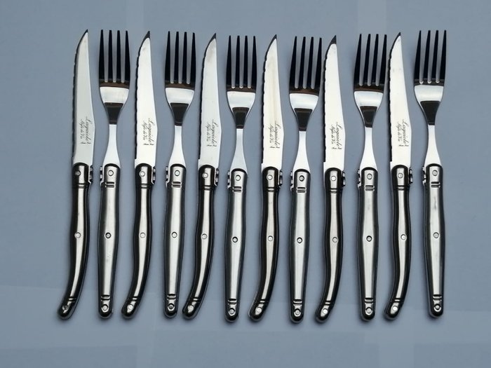Laguiole - 6x Forks and 6x Knives - completely stainless steel - style de - Aterinsetti (12) - Ruostumaton teräs