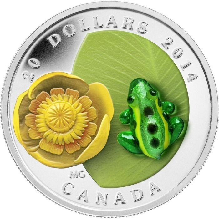 Canada. 20 Dollars 2014 Water-lily and Venetian Glass Leopard Frog 1oz with COA and BOX