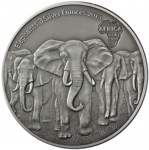 Ghana. 20 cedis 2013 Elefantenherde Antik-Finish - 3 Oz mit COA