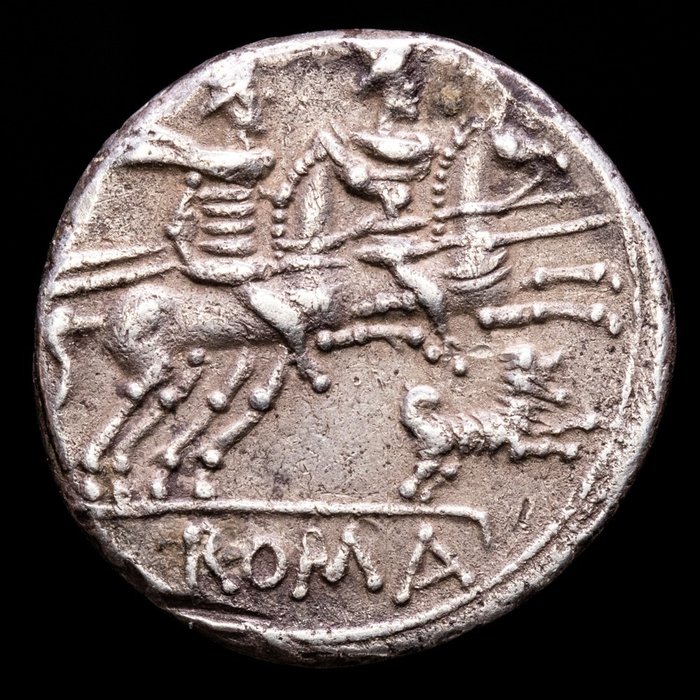 Roman Republic. C. Antestius, 146 BC. Silver Denarius,  - Rome - The Dioscuri on horseback galloping right; below, dog running right.