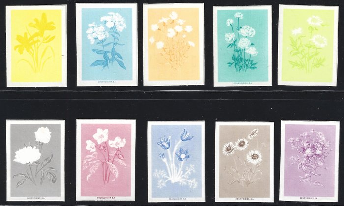 San Marino 1971 - Flowers, fourth issue, set of 10 proofs of the stamp background. - Sassone N. P836 / P845