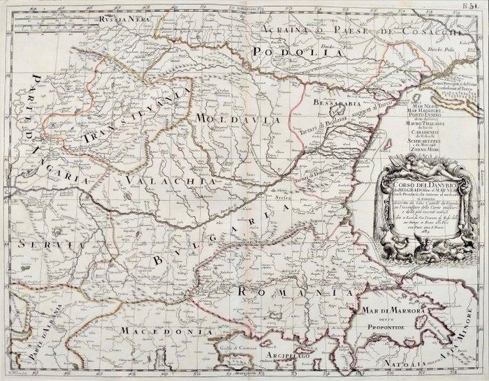 Europa orientale, Serbia - Bulgaria - Romania - Ukraine- Moldova; Giovanni Giacomo De Rossi / Rome, 1684. - Corso del Danubio da Belgrado sino al Mer Nero - 1681-1700