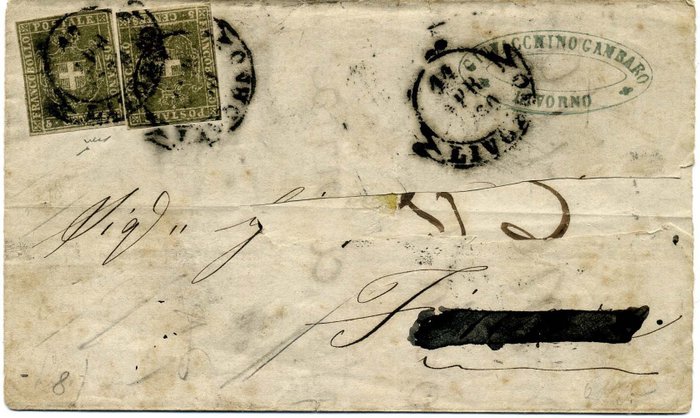 Italian Ancient States - Tuscany 1860 - 5 cents olive green. 2 pieces on cover from Livorno to Florence - Sassone N. 18a
