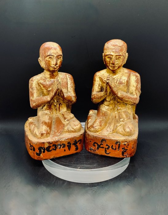 Statua (2) - Legno - Adorant de Bouddha - Burma - Inizio XX secolo        