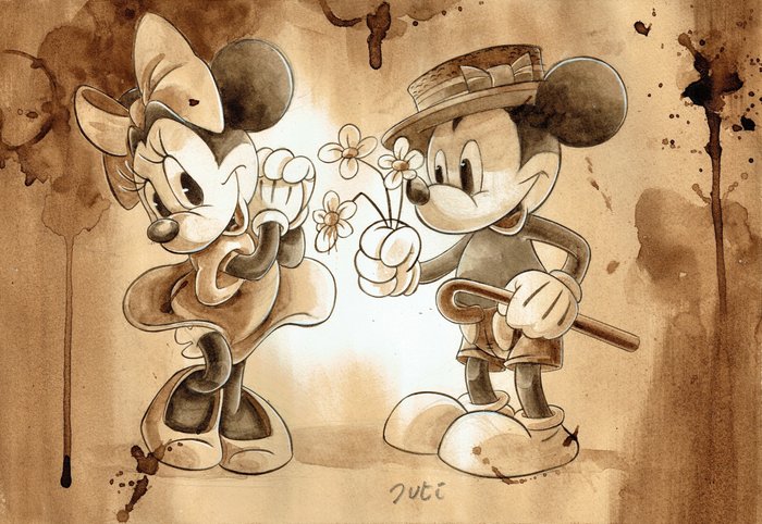 Mickey & Minnie "Vintage Love" - Original Coffee Painting - Guti Signed - Original Coffee Art