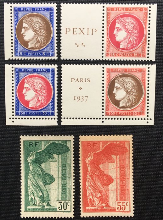 France 1937 - Pexip philatelic exhibition and Winged Victory of Samothrace. - Yvert Tellier n° 348-349-350-351-354-355