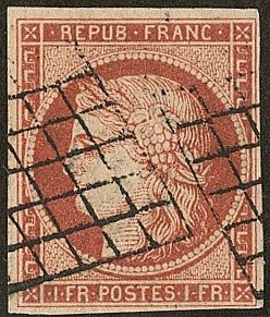 Ranska 1849 - 1 Franc dark vermilion, grid cancellation, very nice shade, lovely piece - Maury 7c