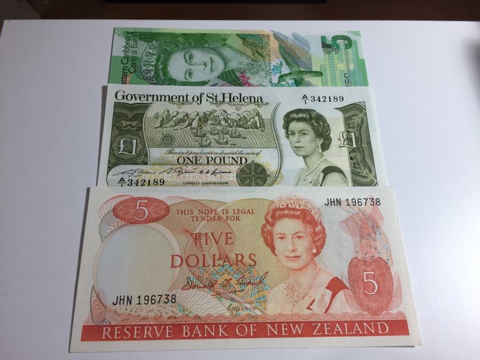 Monde - Nouvelle-Zélande ,- Sainte-Hélène ,- Caraïbes orientales - 3 banknotes - Various dates