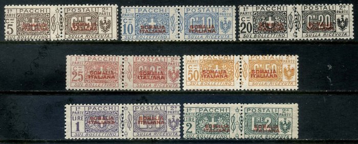 Italienisch-Somalia 1926 - Postal parcels with red overprint of the first type, set of 7 values - Sassone N. P 43/49