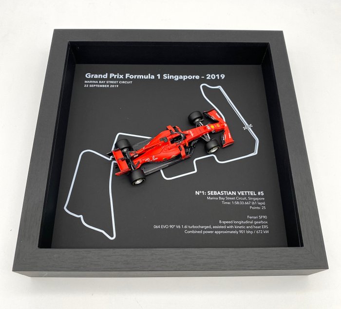 Image 2 of Decorative object - FRAMEDWHEELS - GP F1 Singapore 2019 Ferrari F1 SF90 #5 Vettel - Ferrari