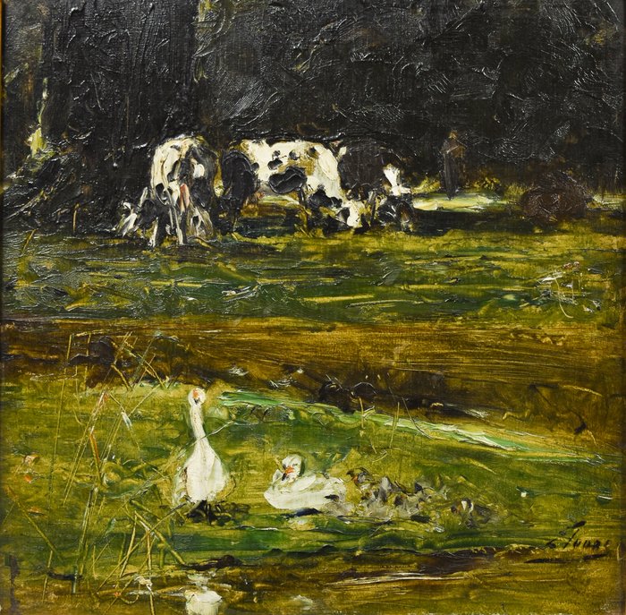 Eugene Joors (1850-1910) - Landschap met koeien en eenden