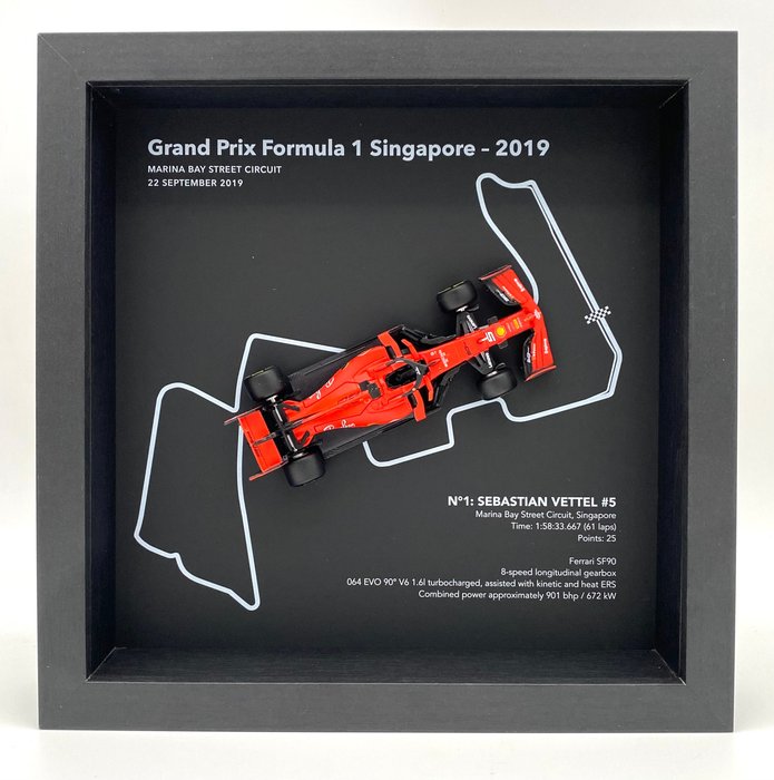 Preview of the first image of Decorative object - FRAMEDWHEELS - GP F1 Singapore 2019 Ferrari F1 SF90 #5 Vettel - Ferrari.