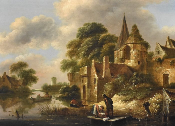 Claes Molenaer (ca. 1630-1676) - Dorpsgezicht met kasteel en figuren aan het water