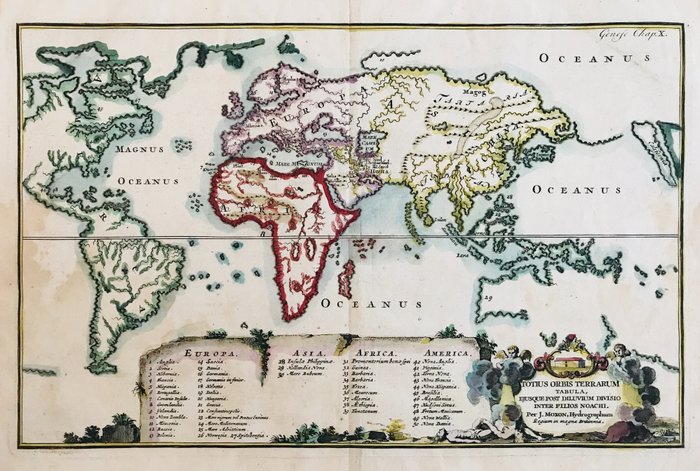 mondo, Wereld; J. Moxon - Totius Orbis Terrarum Tabula, Ejusque Post Diluvium Divisio Inter Filios Noachi - 1661-1680