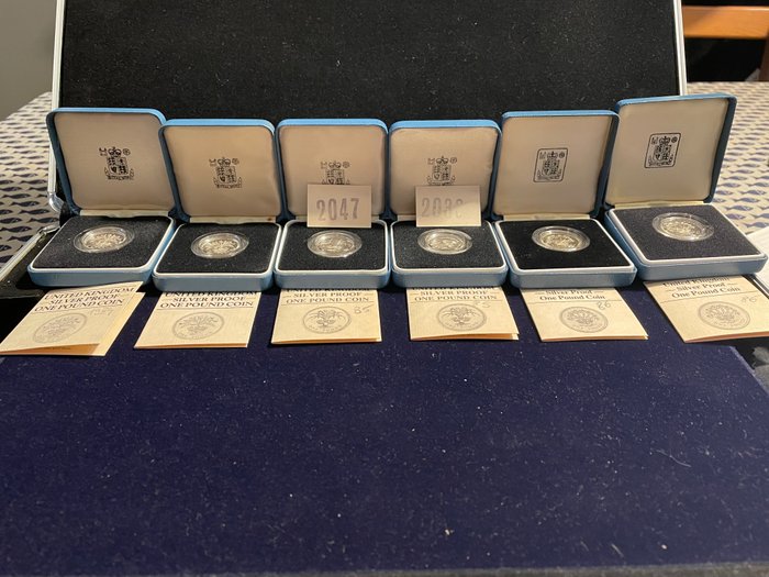United Kingdom. 1 Pound 1984 + 1985 + 1986 zilver Proof commemorative (6 pieces)