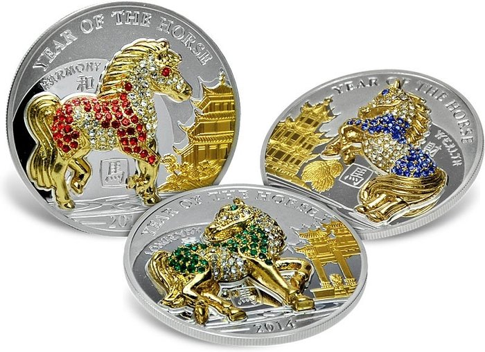 Rwanda and Burundi. 500 Francs 2014 Proof - Jahr der Pferde Pavé Coin Set - 3 x 25 gr