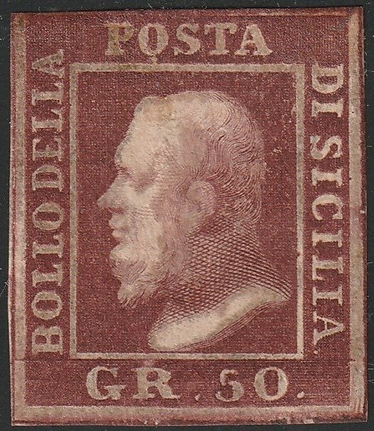 Italienische antike Staaten - Sizilien 1859 - 50 gr. brown lacquer, double engraving of pos. 70 with margins, mint with full gum, rare, with - Sassone n.14d