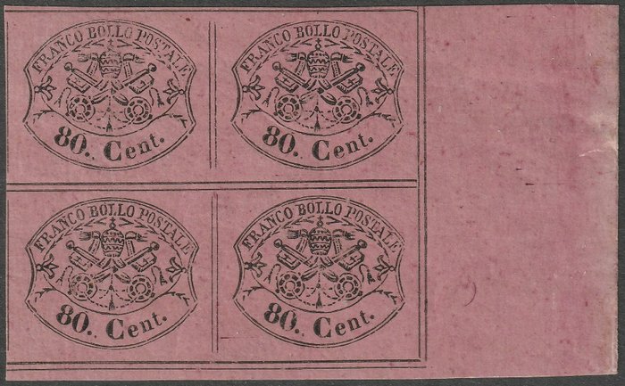 Anciens états italiens - États pontificaux 1867 - 2nd issue 80 c. lilac pink, block of four, wide margins, sheet corner - Sassone n.20