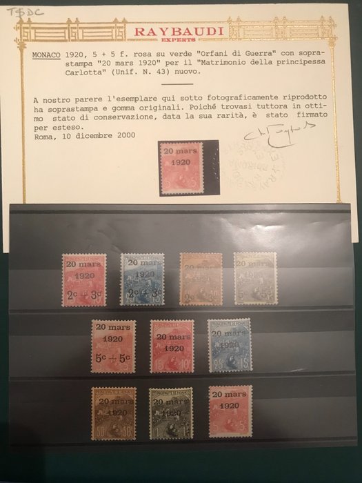 Monaco 1920 - SSA : Orphelins De Guerre with overprint and photo certificate - Yvert 34/43