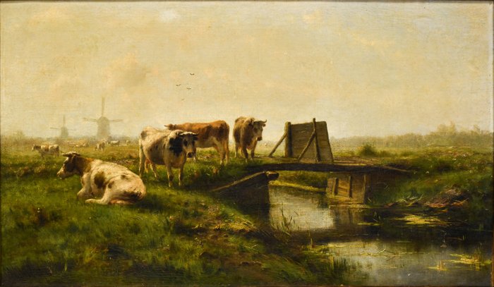 Cornelis Westerbeek (1844-1903) - Landschap met vee en molens