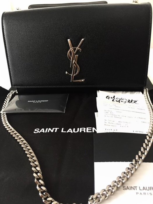 Saint Laurent Kate Medium Chain Bag in Grain De Poudre Silver-tone