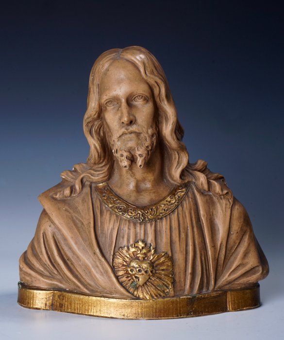 G. & H. Parentani - Bustul lui Iisus policromat placat cu aur - semnat - Ceramică, Ghips