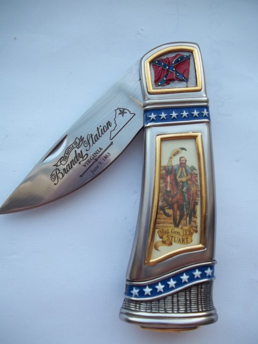 Franklin Mint Collector Knives - Civil War Collection - The battle of Brandy Station, Virginia, June 9, 1863 with Major General J.E.B. Stuart - 24 Carat gold-plated and silver-plated with enamel.