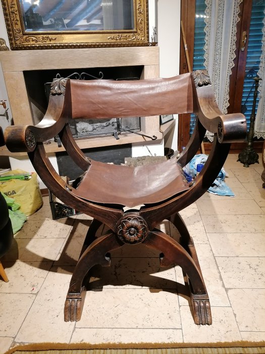 Savonarola chair (1) - Wood, Leather - Early 19th century