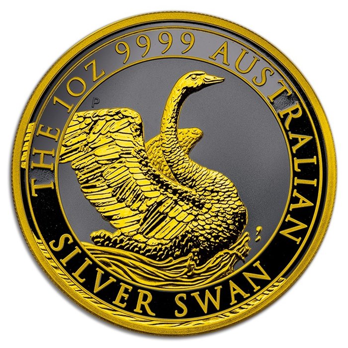 Australie. 1 Dollar 2020 Australian Silver Swan Black Ruthenium Gold Gilded - 1 oz
