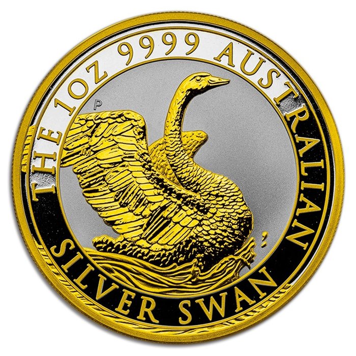 Australia. 1 Dollar 2020 Australian Silver Swan 24k Gold Gilded Coin - 1 oz
