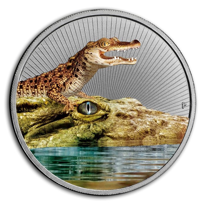 Australie. 2 Dollars 2019 Australian Silver Crocodiles Piedfort Colorized Coin - 2 oz