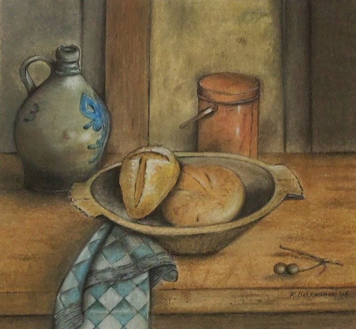 Richard Lukkenaer (1945) - Stilleven met Keulse kruik, brood en doek