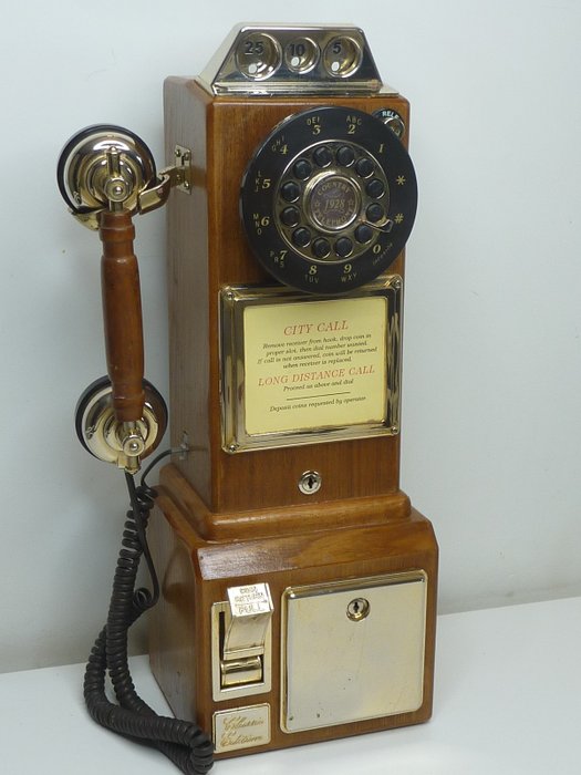 Lovely decorative telephone - Telefone público retro de madeira, modelo 1928 - Madeira, Madeira, plástico, bagunçando