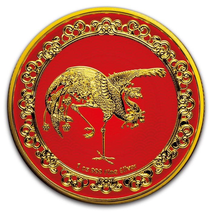 Niue. 2 Dollars 2020 Celestial Animals The Red Phoenix Gold Gilded Silver Coin - 1 oz