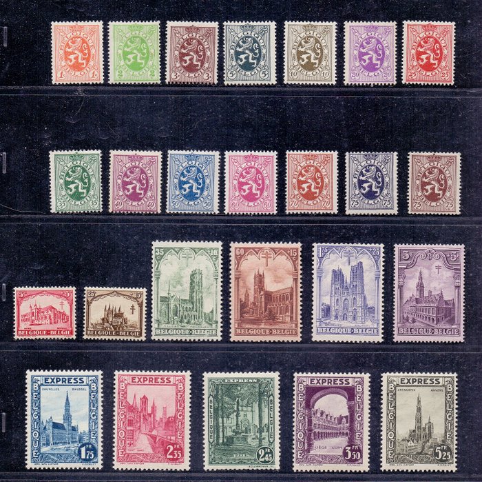 Belgien 1928/1929 - Complete 'Cathedral', series, Heraldic lion and Express stamps