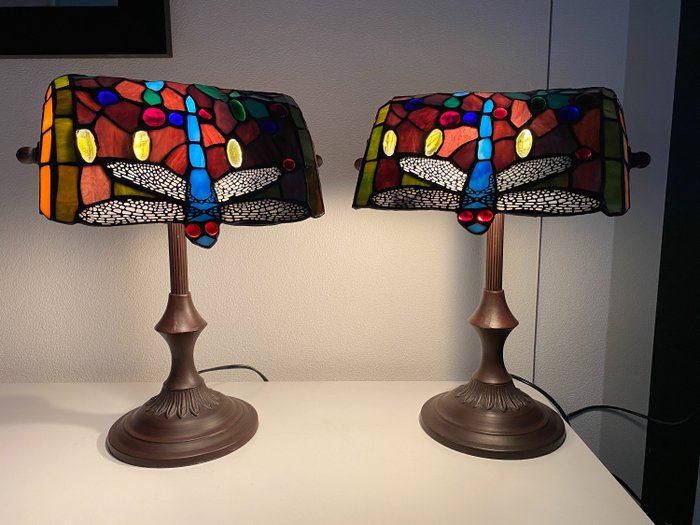 Style Dragonfly Notary Lamps, Stained Glass Table Lamp Set