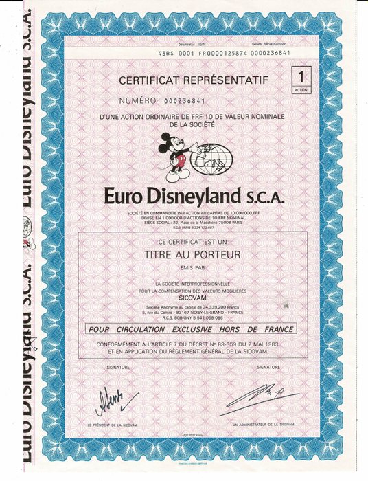 Mickey Mouse Vignette EURO DISNEYLAND FRANCE DD 1983 Disney 