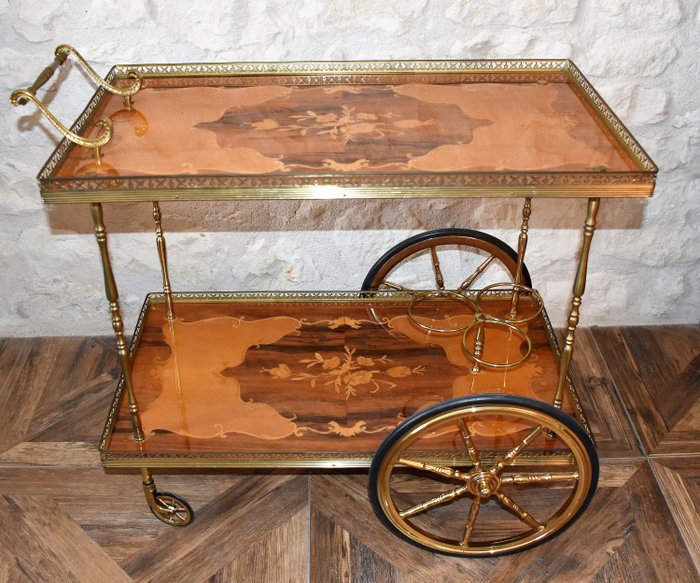 Chariot à desserte, Table de bar, table de service roulante - bois, bronze doré, marqueterie