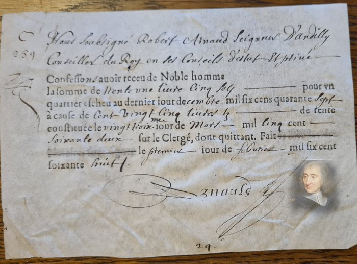 Robert Arnauld d' Andilly, Conseiller du Roi - Pièce Signée sur parchemin - 1668