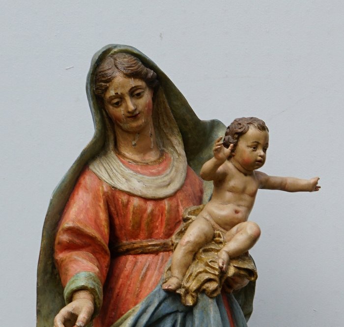 Madonna met kindje Jezus en kers - 77 cm - Barok - Hout - Begin 18e eeuw