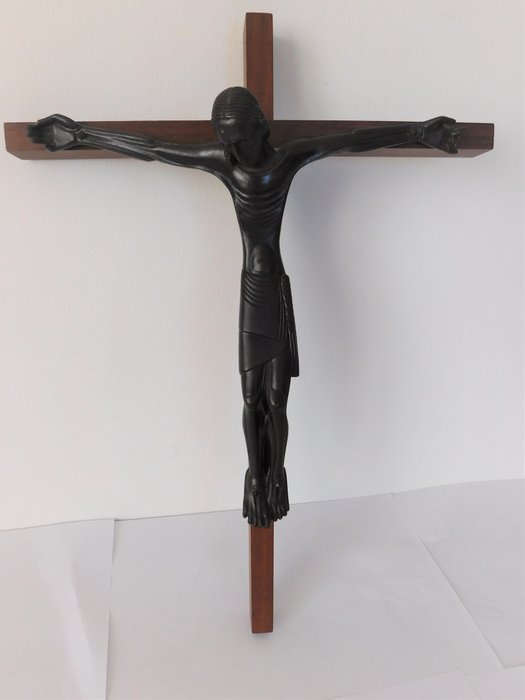 Jean Lambert-Rucki (1888-1967) - Corpus Christi on Cross - Firmato - Art Déco - Bronzo, Legno