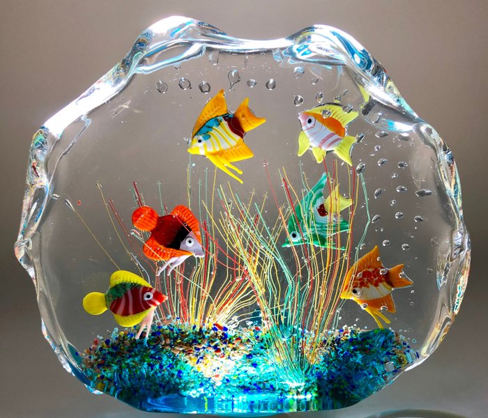 Murano - Aquarium Skulptur mit karibischen Fischen (1) - Glas