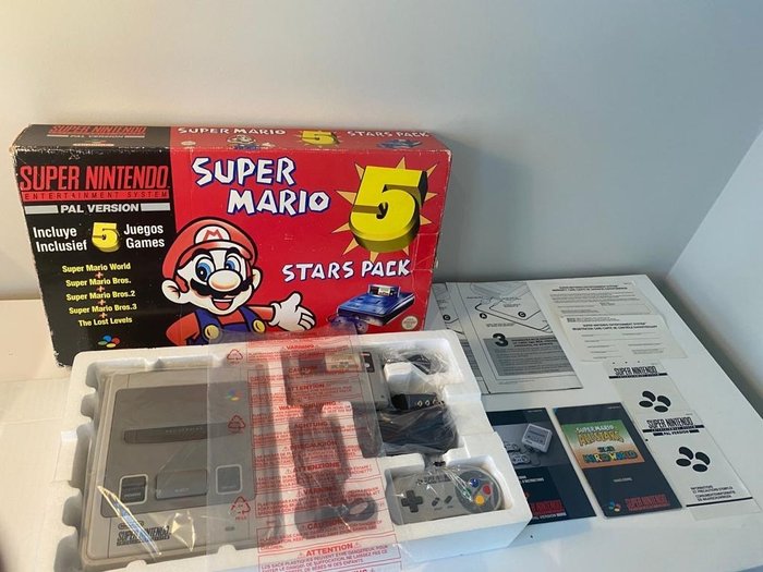 Nintendo Rare Snes Super Rare Big Box Super Mario 5 Star Pack Edition +Extremely rare UPPER INLAY +Rare - Console avec jeux - Dans la boîte d'origine scellée