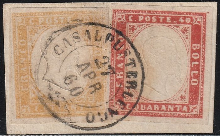 Italian Ancient States - Sardinia 1860 - 4th issue 80 c. with large margins + 40 c. on fragment Casalpusterlengo pt. 4, rare and certified - Sassone NN.16Ca+17A