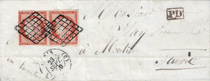 Frankrijk 1850 - Ceres, 40 centimes bright orange, pair, on letter bound for Savoy. - Yvert et Tellier n°5a