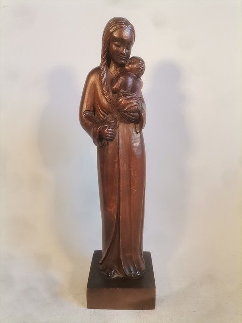 Lucien Tessey - Belle sculpture ancienne en bois de Marie avec l'enfant Jésus - Bois