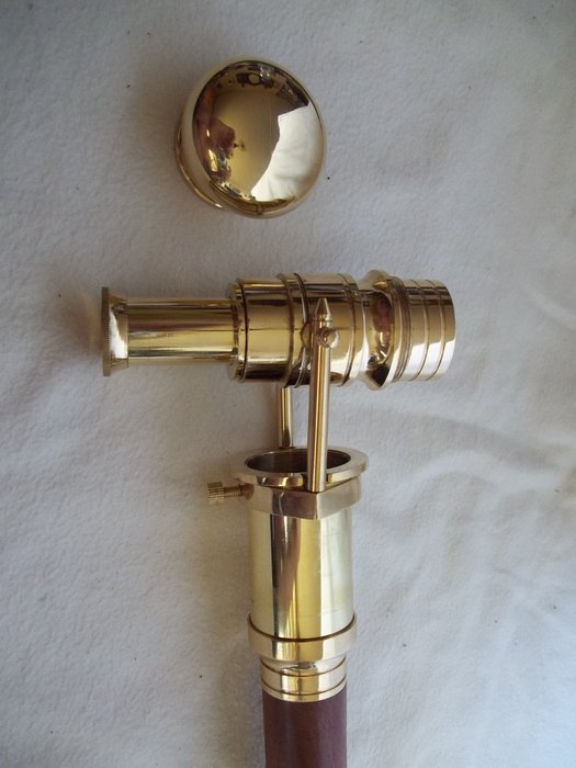 Wooden 3-piece walking stick, heavy brass handle with telescope - 拐杖 - 木, 黃銅