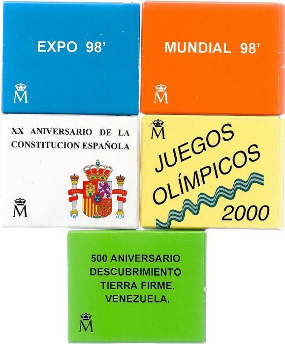 Spain. Juan Carlos I (1975-2014). pesetas 1000 Lote de 5 estuches F.N.M.T.  1.000 pesetas  1998/1999 - 3 euros 1998 500 aniv. descubrimiento tierra