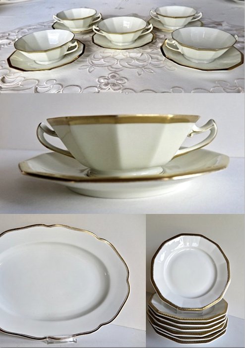 Haas & Czjzek - Schlaggenwald-Chodau - 5 tazones de sopa art déco antiguos en platillo y varias otras porcelanas de Schlaggenwald (18) - Art Déco - Porcelana con borde decorativo dorado - Coronado