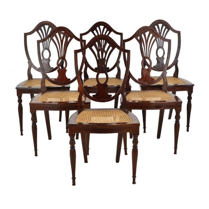 Komplet 6 krzeseł - styl angielski - mahoń i słoma - Drewno - Late 19th century